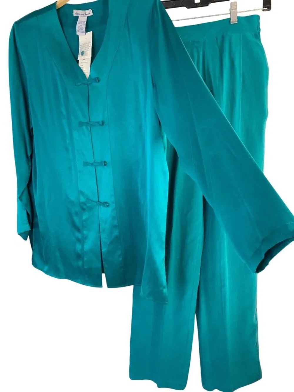 VTG NWT 90s Anna And Frank Teal 2-Piece 100% Silk Top & Pants Set Size S/M New